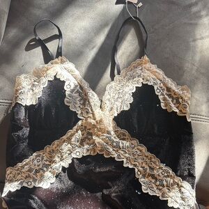 Black velvet Chemise with Cream Lace Trim